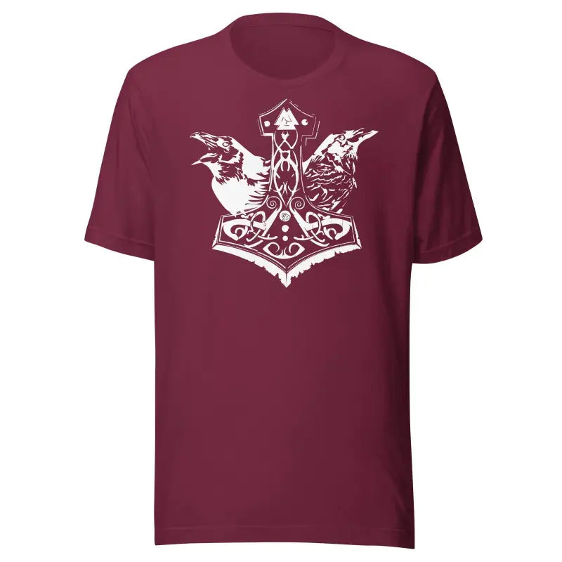 Burgundy t-shirt with white Mjölnir & ravens design by Matthew Dye, showcasing Norse heritage