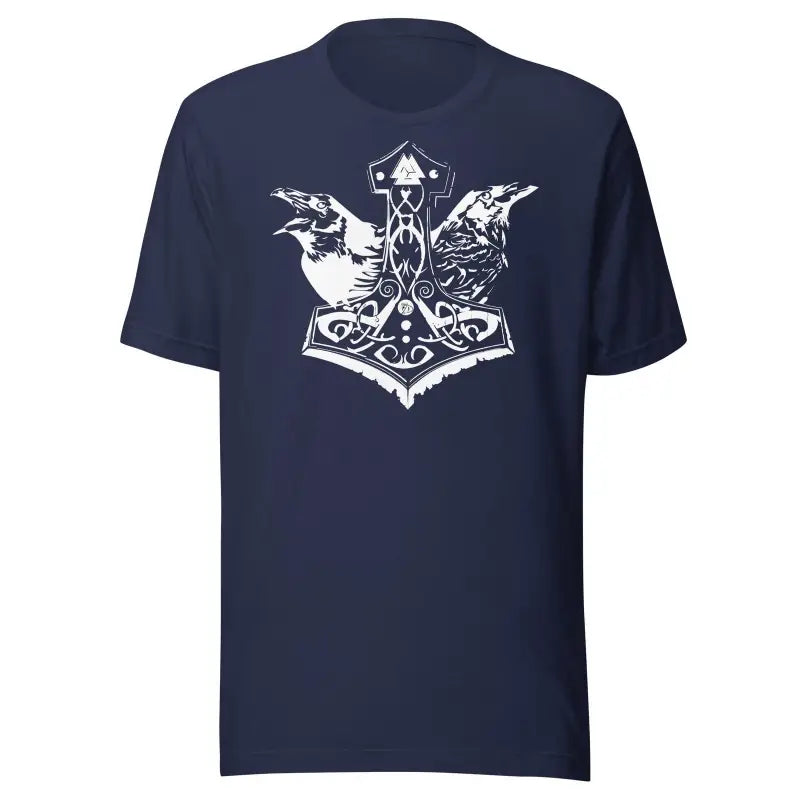 Navy blue t-shirt with white Mjölnir & ravens design by Matthew Dye