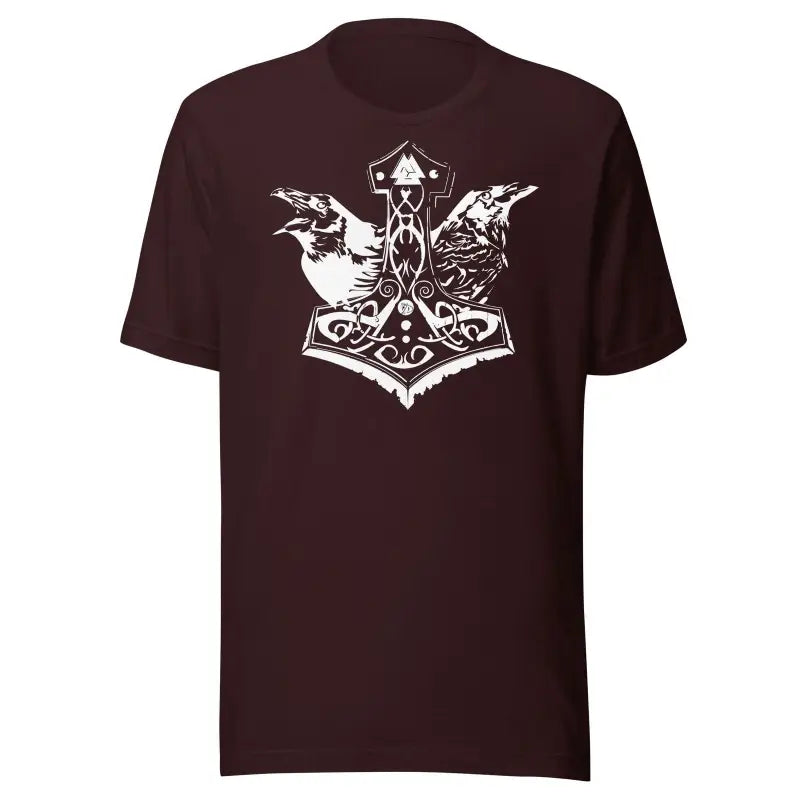 Dark brown t-shirt featuring Matthew Dye’s white Mjölnir & ravens Norse design