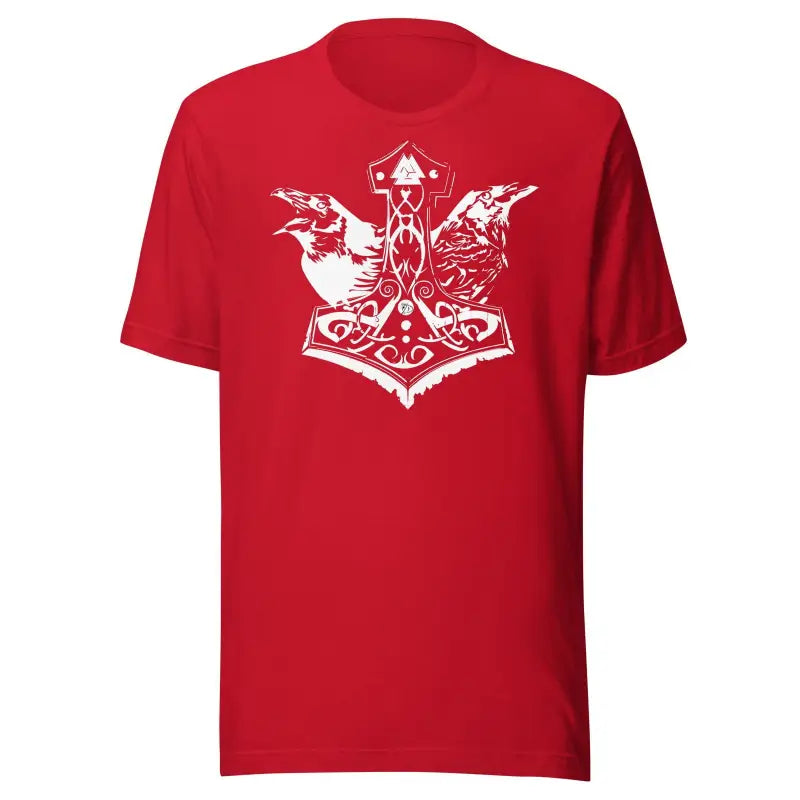 Red T-shirt featuring Matthew Dye’s white Mjölnir & ravens Norse design