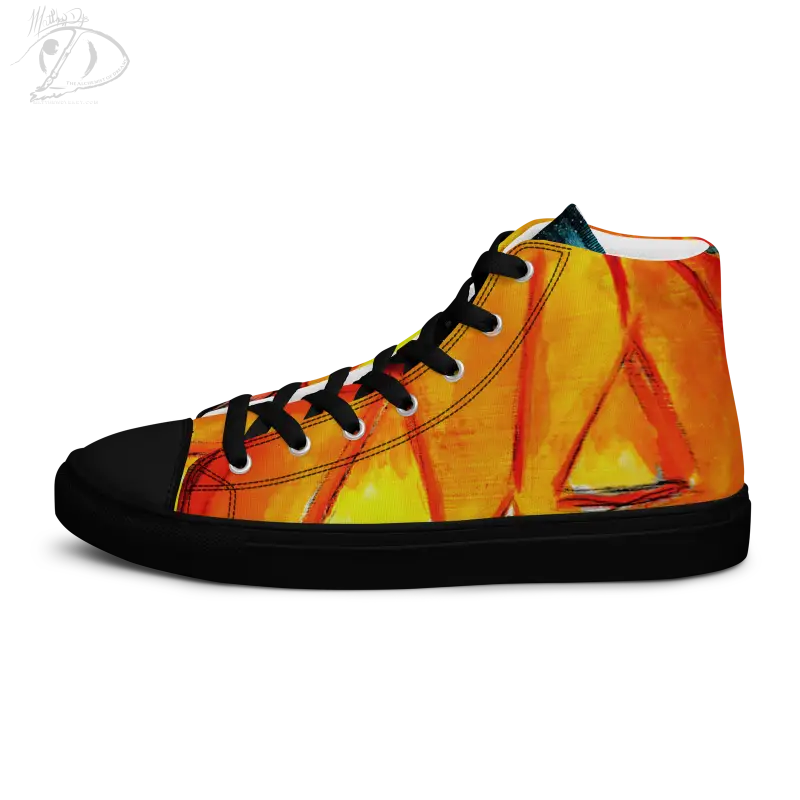 High-top canvas shoes featuring an orange and yellow flame design and black toe cap