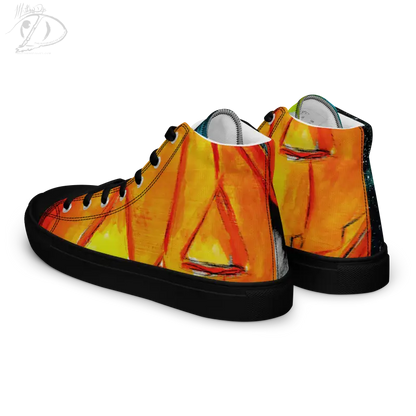 High-top canvas shoes featuring a striking jack-o’-lantern design in orange and yellow