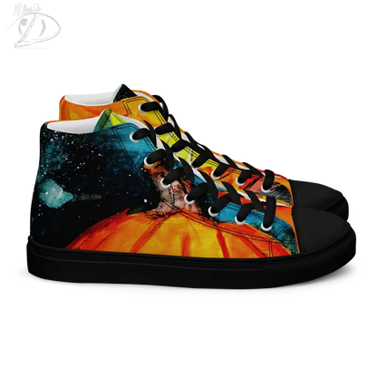 High-top canvas shoes featuring a cosmic space and striking jack-o’-lantern design