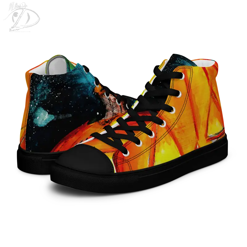 High-top canvas shoes featuring a cosmic galaxy and striking jack-o’-lantern design