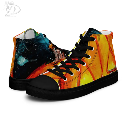 High-top canvas shoes featuring a cosmic galaxy and striking jack-o’-lantern design