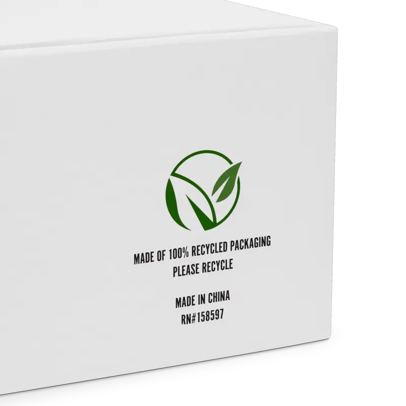 Green recycling symbol with leaf design on packaging for Cosmic High Top Canvas Shoes