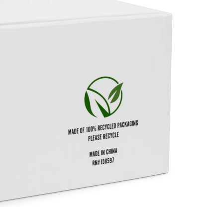 Green recycling symbol with leaf design on packaging for Cosmic High Top Canvas Shoes