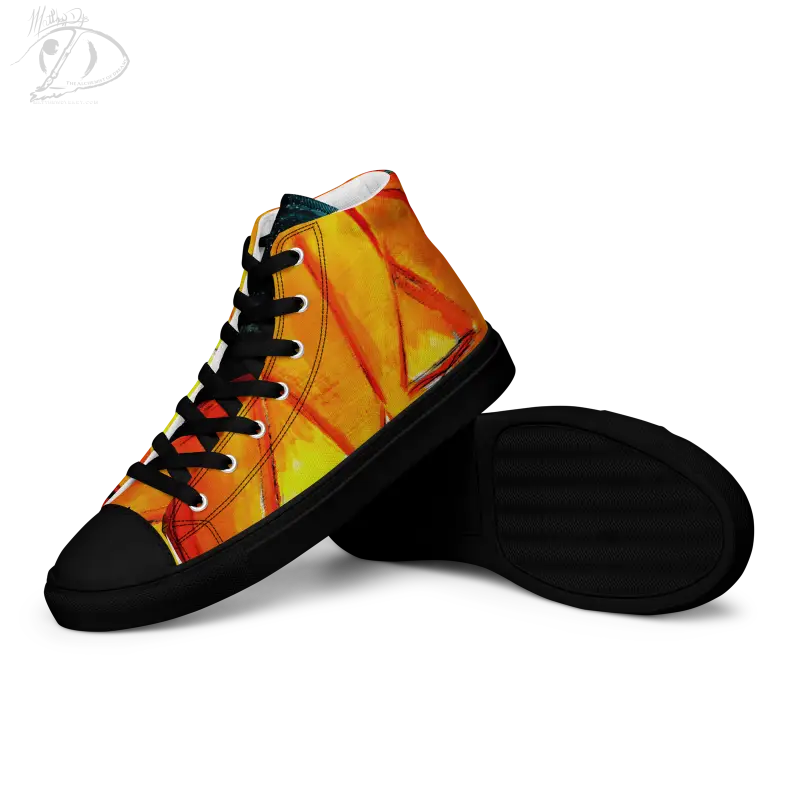 High-top canvas shoes featuring an orange and yellow flame design and black trim