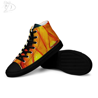 High-top canvas shoes featuring an orange and yellow flame design and black trim