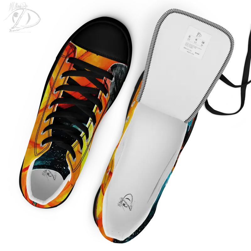 Colorful canvas shoes featuring a vibrant orange and black striped striking jack-o’-lantern design