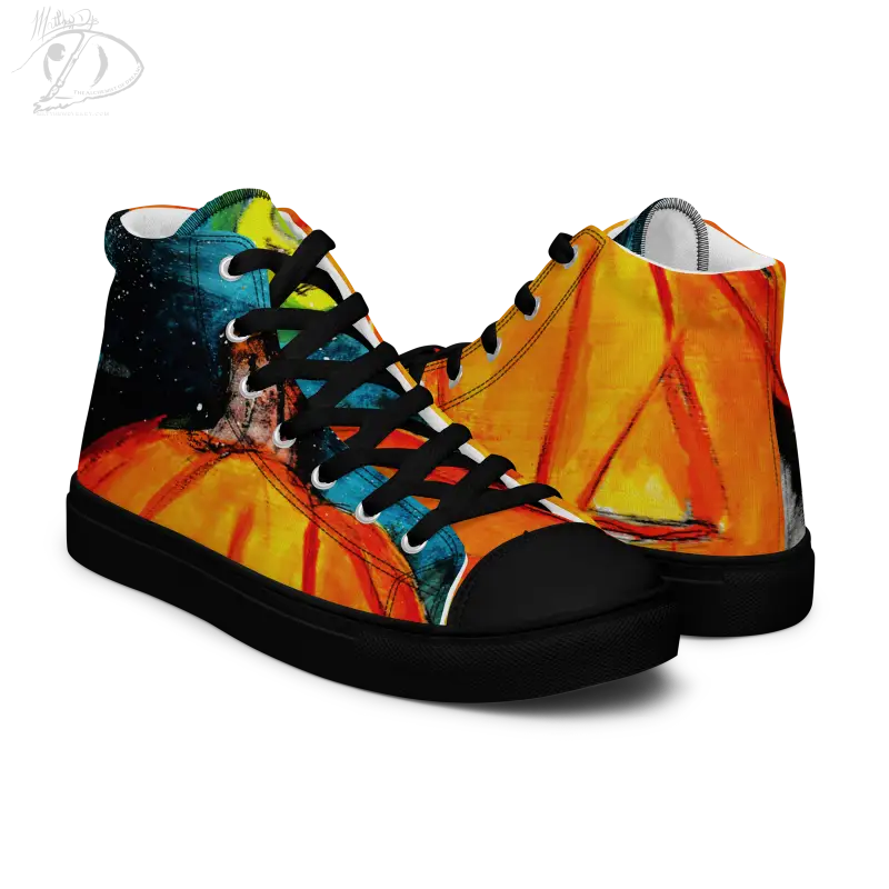 High-top canvas shoes featuring a cosmic orange and turquoise galaxy design