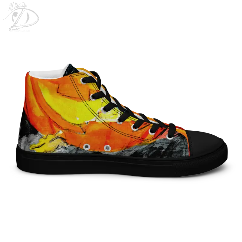 High-top canvas shoes with vibrant orange and yellow flame design for men in UK Europe