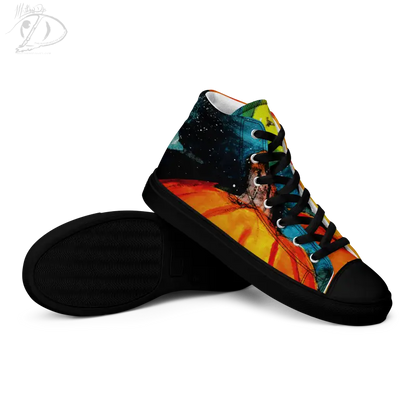 High-top canvas shoes featuring a colorful cosmic sunset and striking jack-o’-lantern design