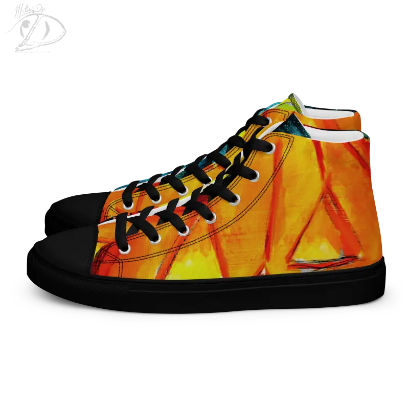 High-top canvas shoes featuring a striking Jack-o’-lantern design in orange and yellow flames