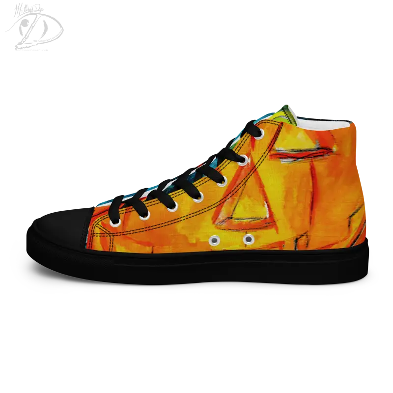 High-top canvas shoes featuring a striking jack-o’-lantern design in orange and yellow