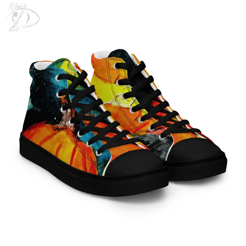 High-top canvas shoes with a colorful cosmic design and striking Jack-o’-Lantern design