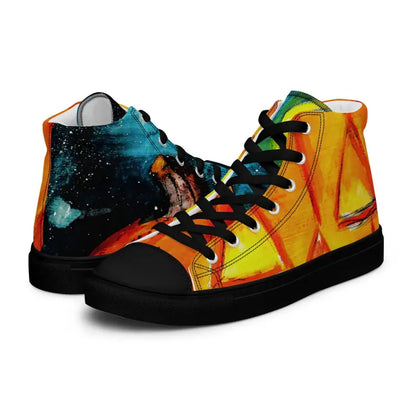 High-top canvas shoes with vibrant cosmic and striking jack-o’-lantern design in turquoise, orange, and yellow