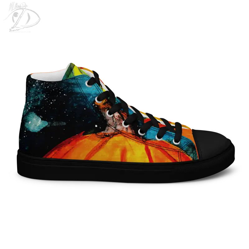 High-top canvas shoes with cosmic sunset design and striking jack-o’-lantern laces