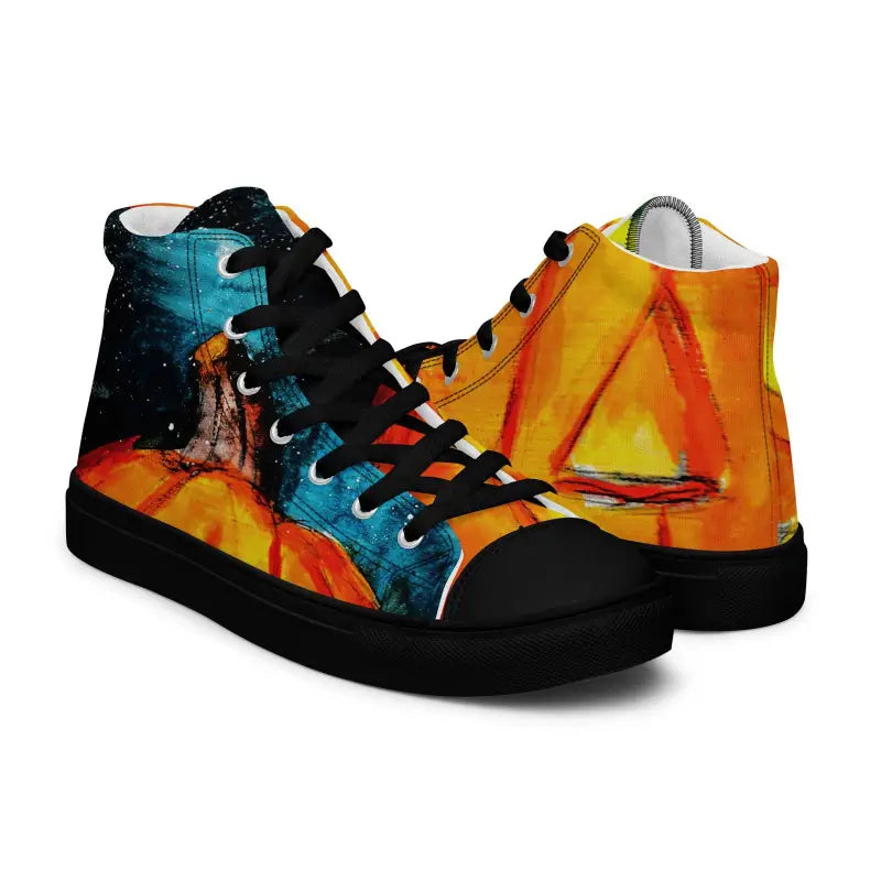 High-top canvas shoes featuring vibrant orange and turquoise cosmic artwork design