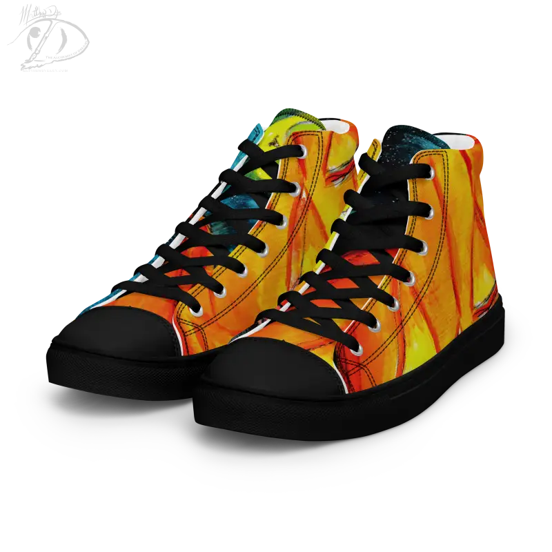 High-top canvas shoes featuring a striking jack-o’-lantern design in orange and yellow