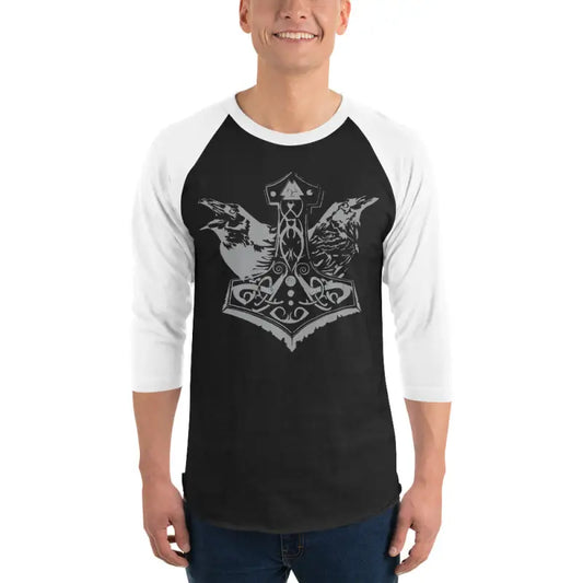 Black and white raglan shirt showcasing Norse mythology with ravens and grey Mjölnir design