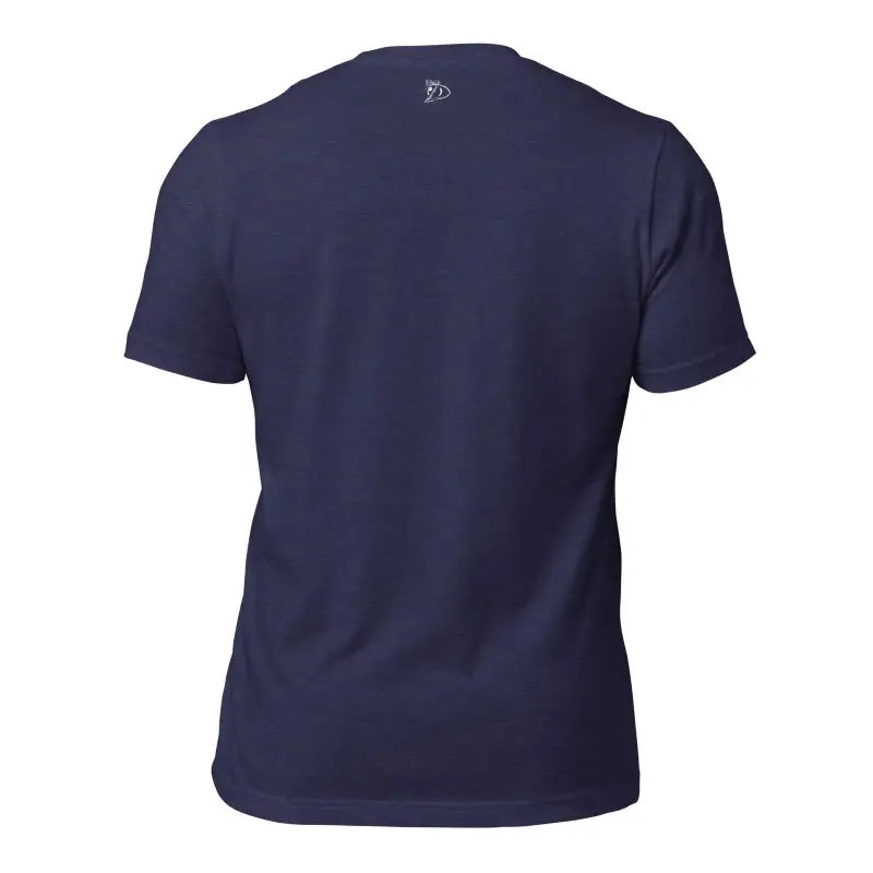 Navy blue short-sleeved t-shirt back view in Priestess Unisex Jersey, ring-spun cotton