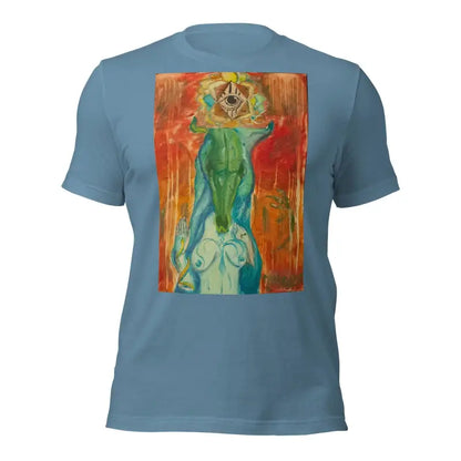 Blue Priestess Unisex Jersey in ring-spun cotton with abstract green and orange print