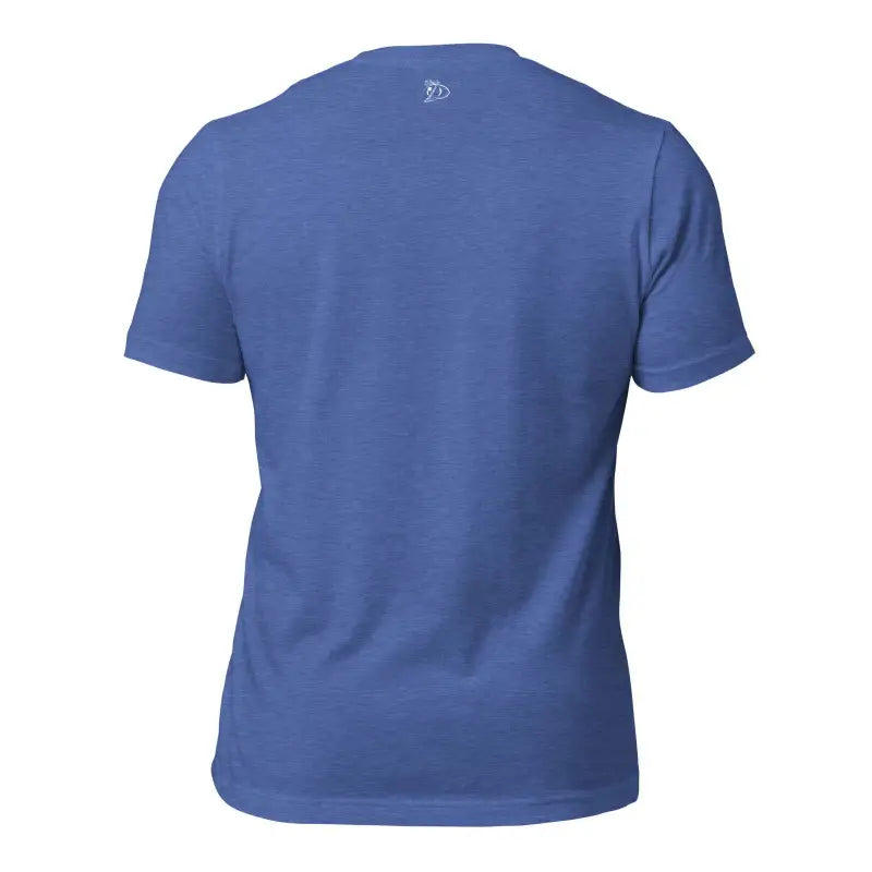 Blue crew neck t-shirt displayed from the back, featuring the Priestess Unisex Jersey of Ring-Spun Cotton