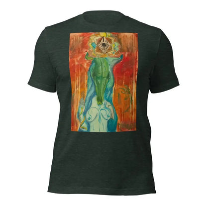 Dark green Priestess unisex jersey in ring-spun cotton with blue and orange abstract print