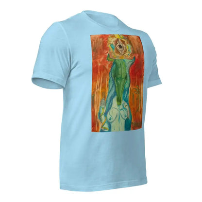 Light blue Priestess Unisex Jersey in ring-spun cotton with artistic green figure print