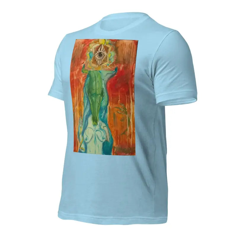 Light blue priestess unisex jersey in ring-spun cotton with abstract green and orange print