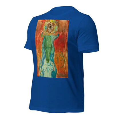 Royal blue Priestess unisex jersey featuring abstract print on the back in ring-spun cotton