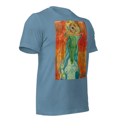 Light blue Priestess unisex jersey featuring artistic green and orange print on back