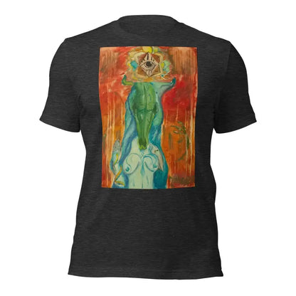 Black unisex jersey in ring-spun cotton featuring abstract green and orange watercolor art