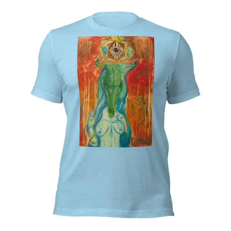 Light blue Priestess Unisex Jersey in ring-spun cotton with abstract green and orange print