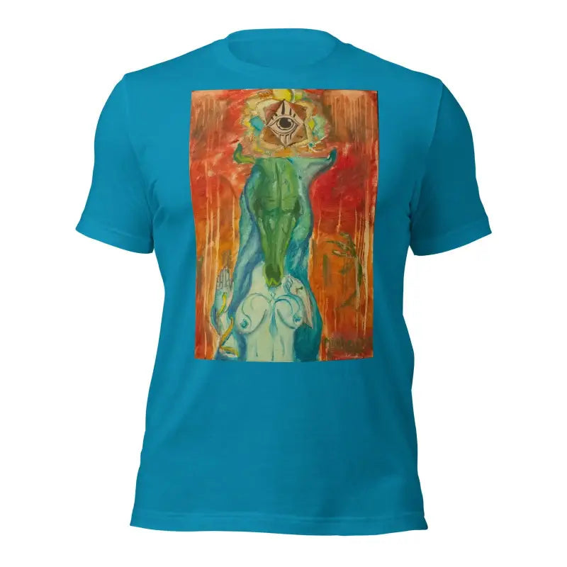 Turquoise Priestess Unisex Jersey in ring-spun cotton with abstract green and orange print