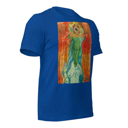 Royal blue priestess unisex jersey with green and orange abstract artwork on back