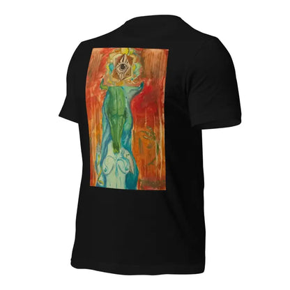 Black t-shirt with abstract print in green, orange, and blue from the Priestess Unisex Jersey