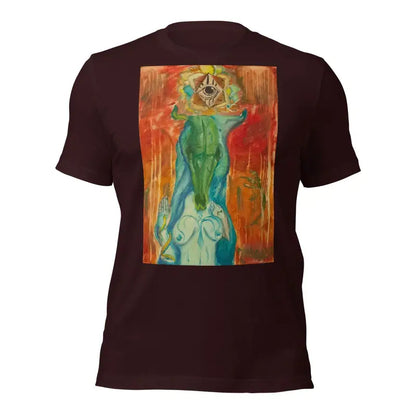 Dark brown Priestess Unisex Jersey in ring-spun cotton with vibrant abstract back print