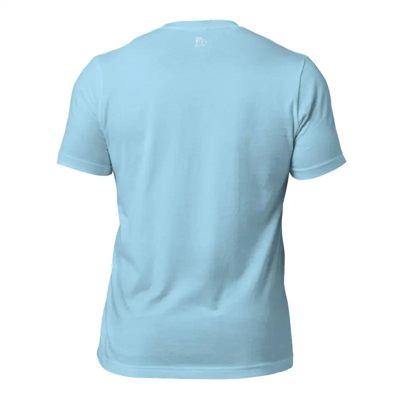 Light blue short-sleeved t-shirt back view of Priestess Unisex Jersey in ring-spun cotton