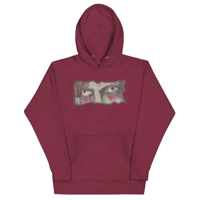 Maroon hoodie with a cool design of intense eyes and pouch pocket for ultimate comfort