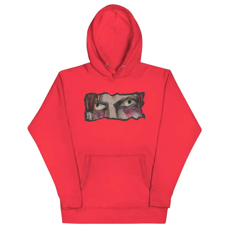 Red hoodie with artistic eye design, featuring cool design and pouch pocket for comfort