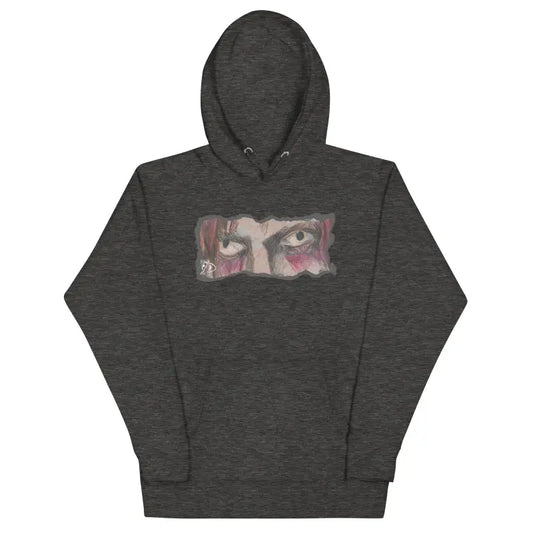 Dark gray hoodie with artistic eye design and pouch pocket; softest hoodie for comfort