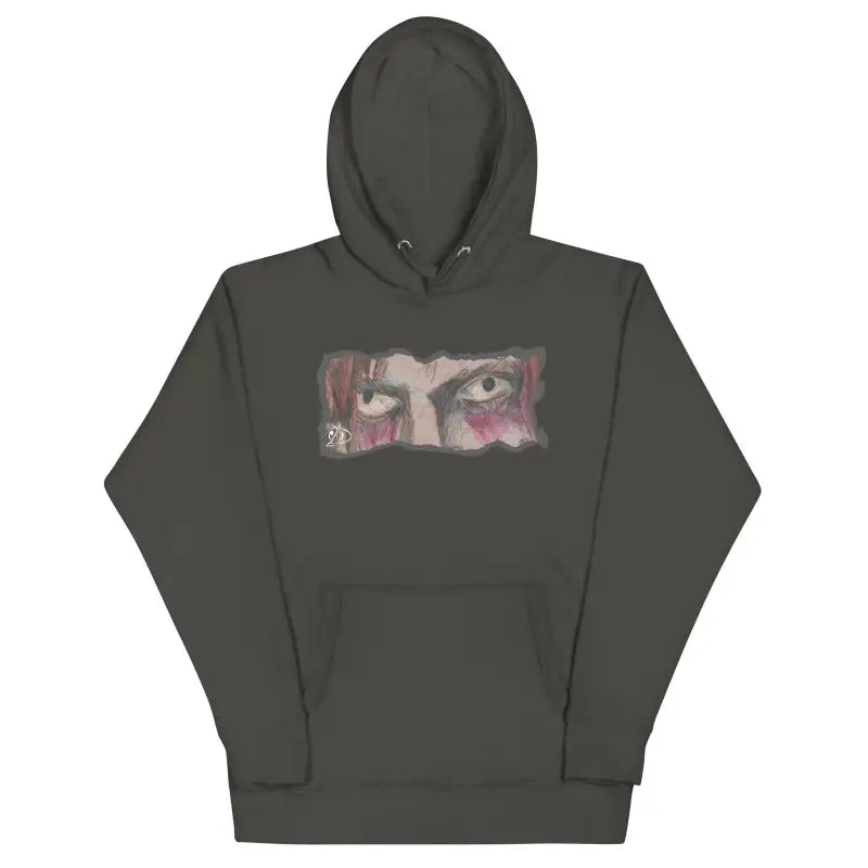 Dark gray hoodie with artistic eye graphic, pouch pocket, and the softest hoodie blend