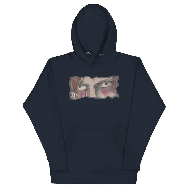 Black hoodie with artistic eye graphic, featuring a pouch pocket and cool design