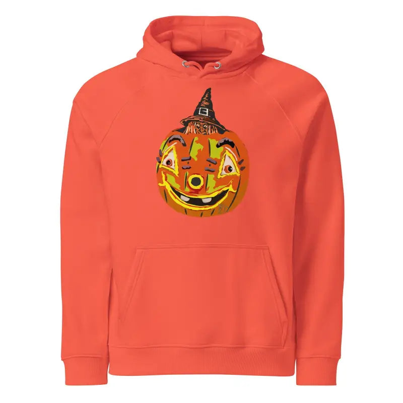 Orange Pumpkin Witch Unisex Eco Raglan Hoodie featuring smiling jack-o’-lantern design