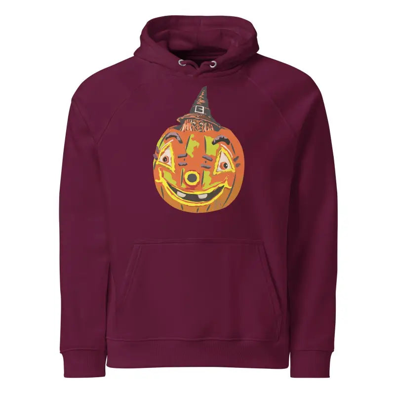 Burgundy hoodie sweatshirt featuring smiling jack-o’-lantern design for Pumpkin Witch Unisex