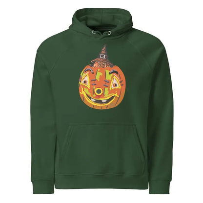 Forest green Pumpkin Witch Unisex eco raglan hoodie with smiling jack-o’-lantern design