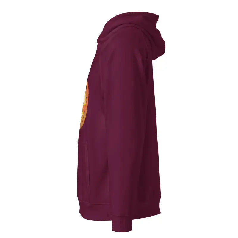 Burgundy Pumpkin Witch Unisex Eco Raglan Hoodie showcasing sleeve from side view