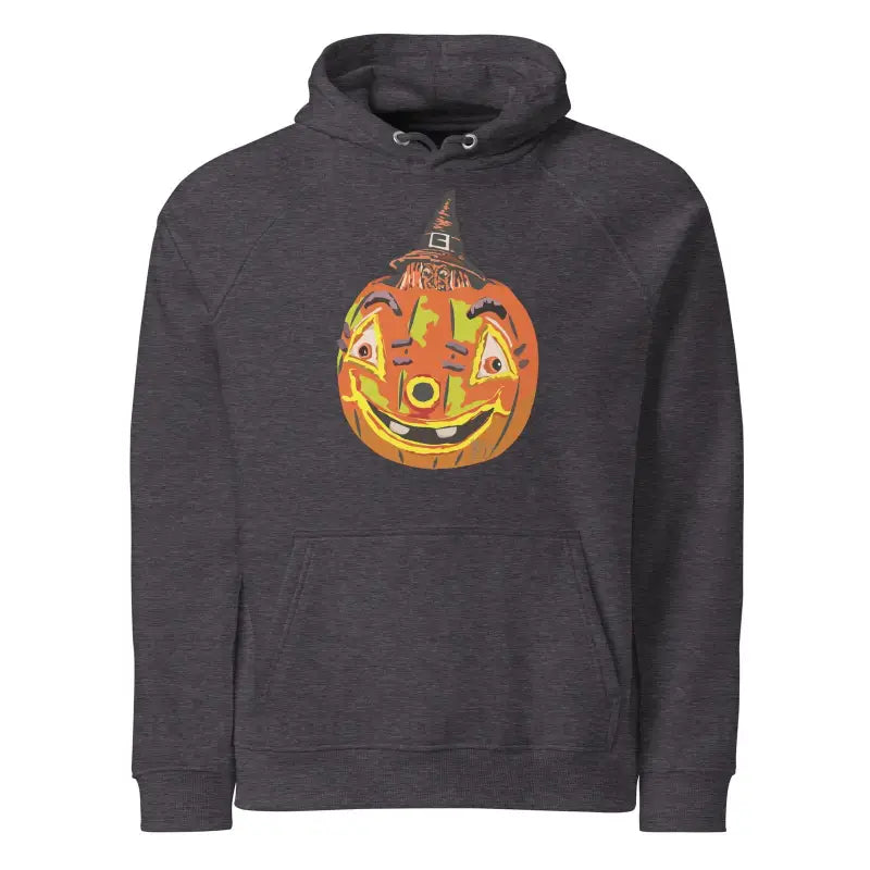 Dark gray hoodie with smiling jack-o’-lantern design, Pumpkin Witch Unisex Eco Raglan